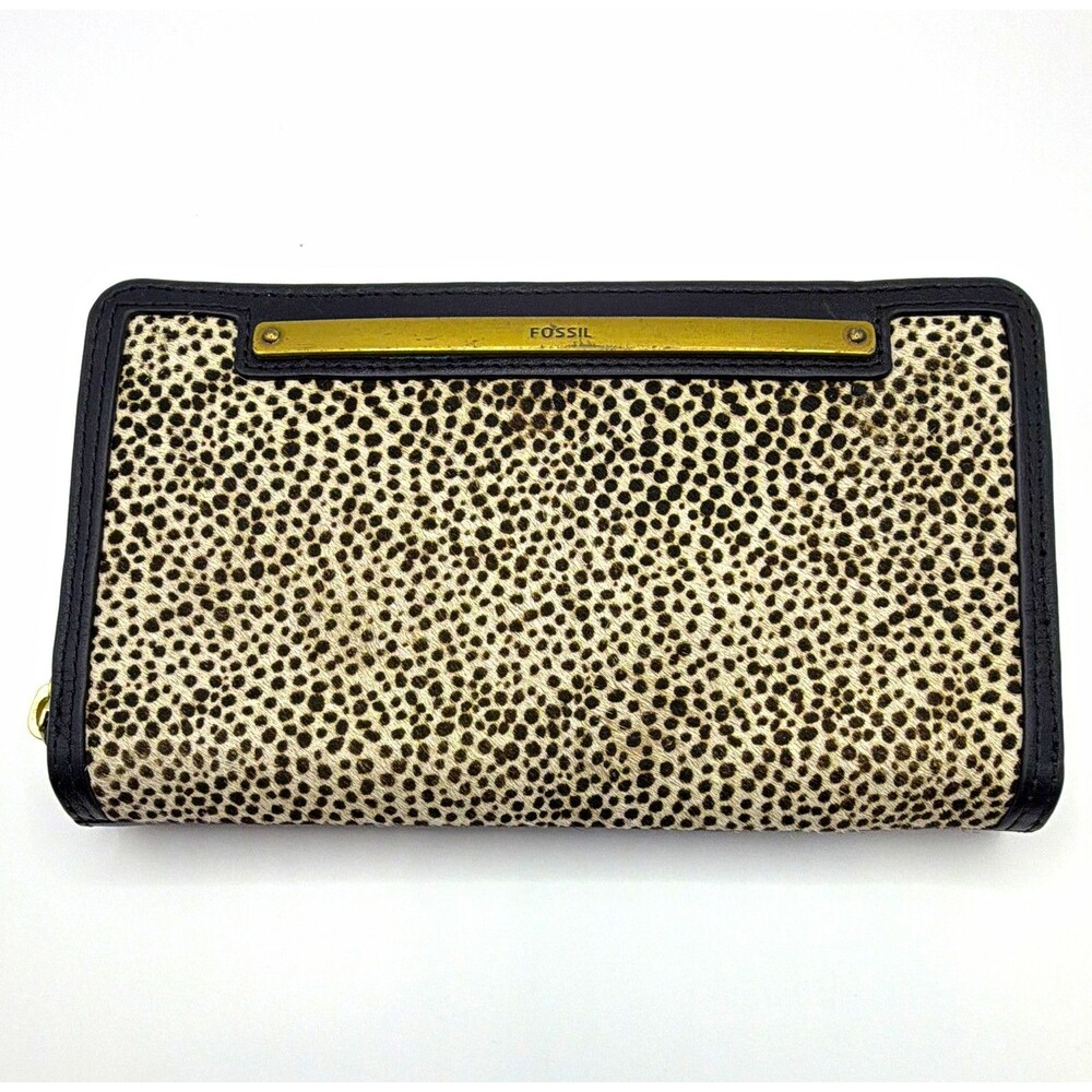 Fossil Women’s Black Beige Cheetah Animal Print Zip-Around Wallet Card Slots